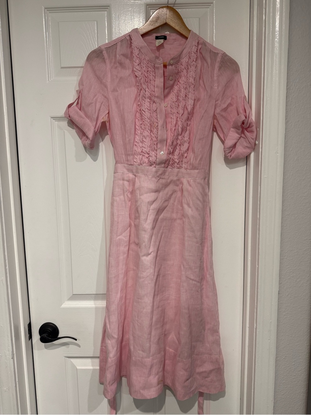J Crew - Pink Ruffle Front Shirt Dress size 4 Linen Cotton Blend